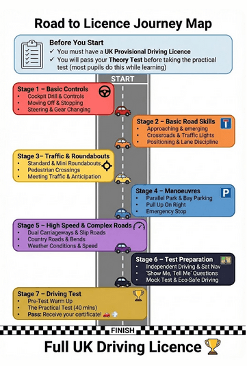 Infographic showing the step-by-step driving lesson syllabus from basic controls to passing the UK driving test with SUX-S Driving School in Bradford.