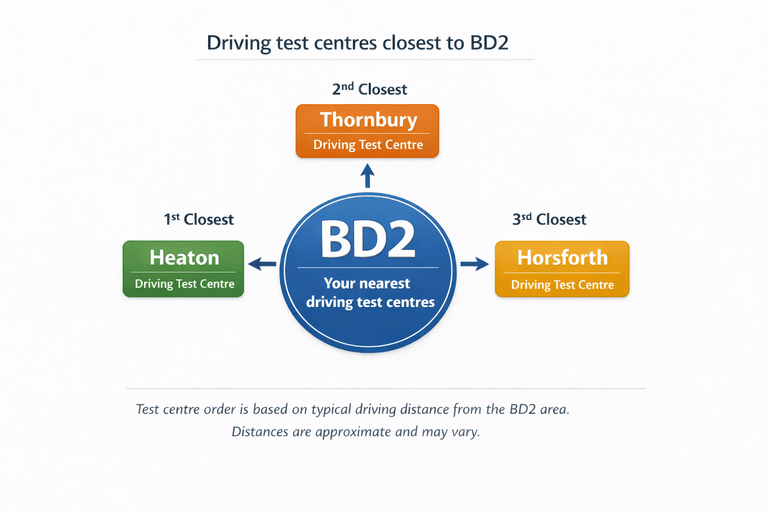 Diagram showing the closest driving test centres to BD2 Bradford, including Heaton, Thornbury, and Horsforth test centres.