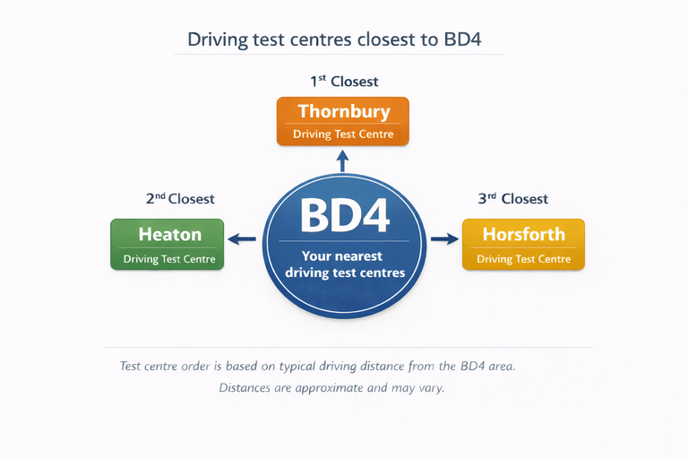 Diagram showing the closest driving test centres to BD4 Bradford, including Thornbury, Heaton, and Horsforth test centres.